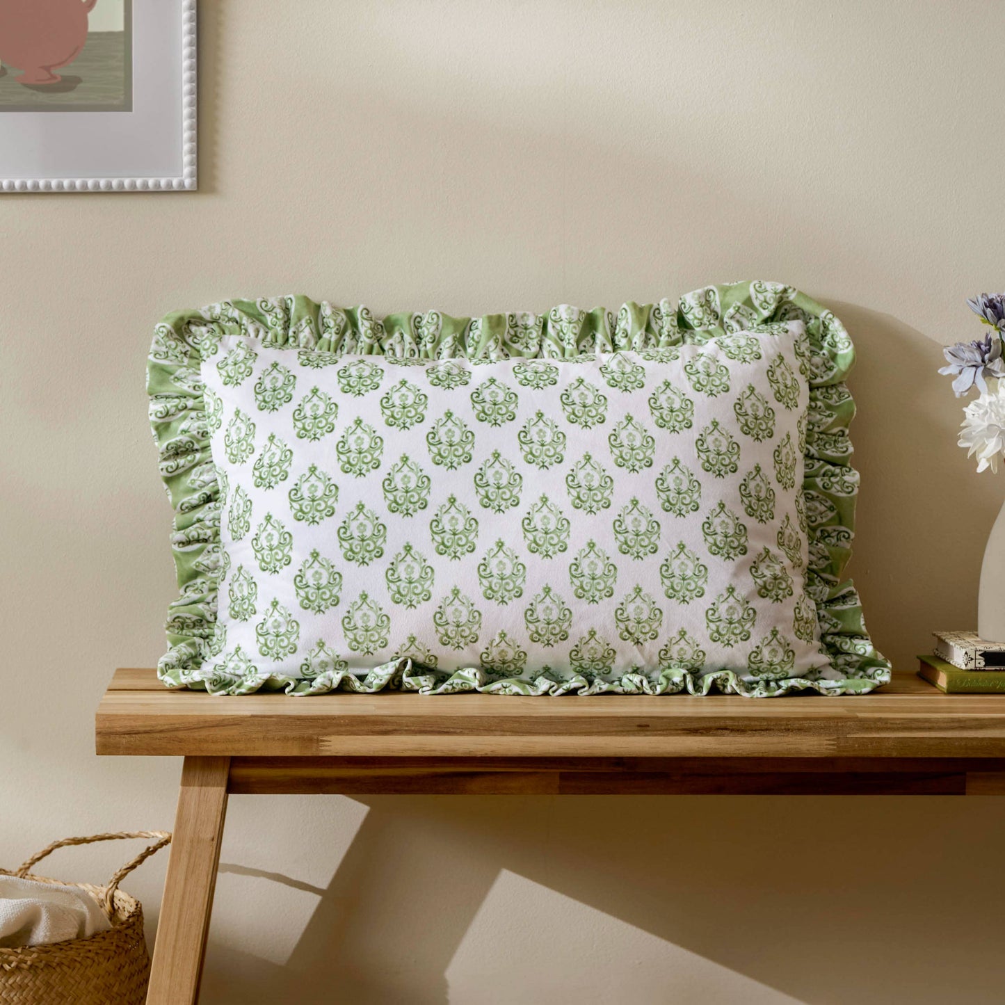 Krissa Block Printed Velvet Cushion Green: Green / Feather Rich Filled / 40 x 60cm