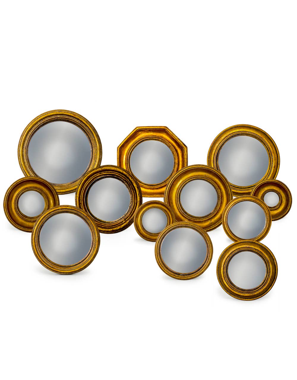 Set of 12 Assorted Antique Gold Framed Convex Mirrors