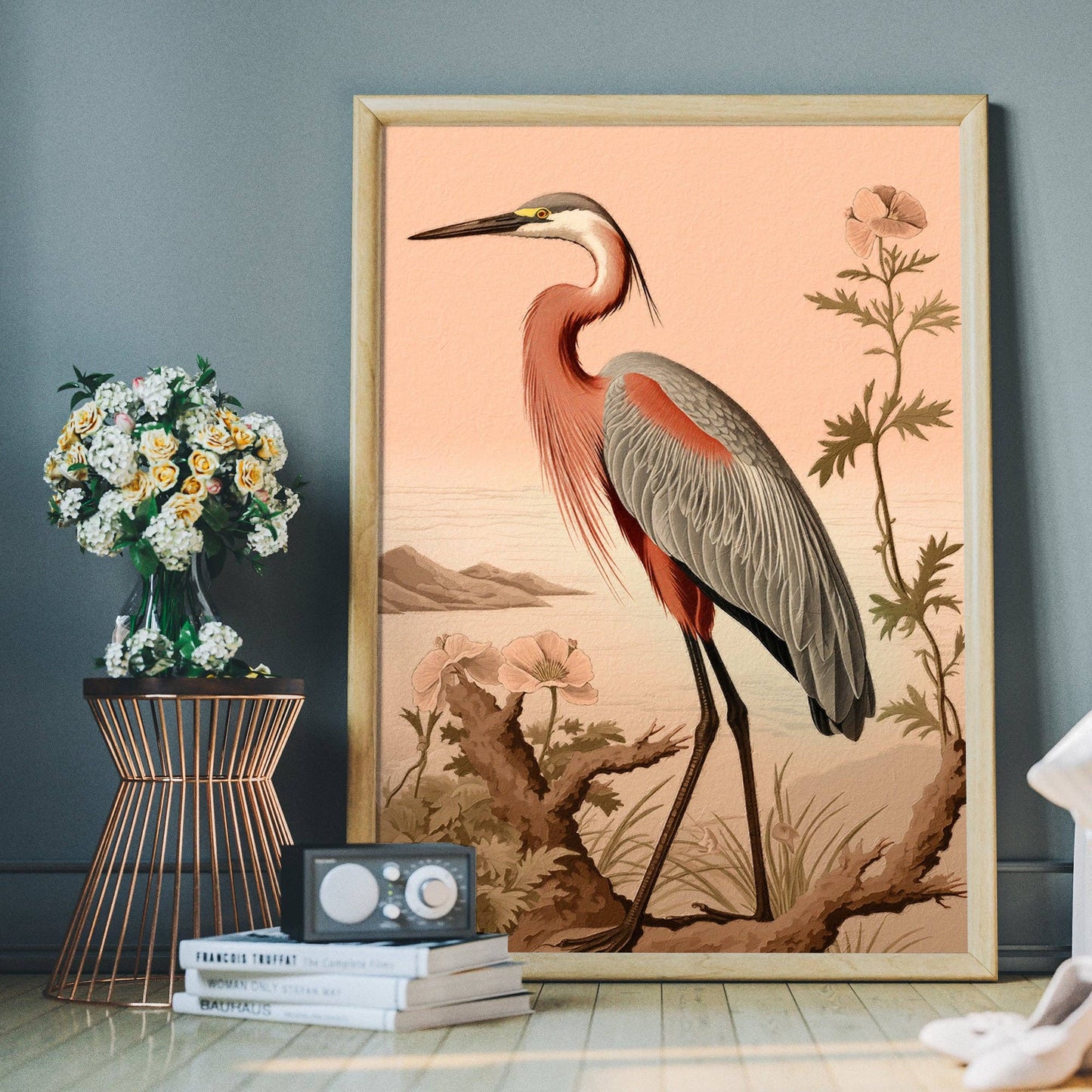 Vintage Heron Illustration Peach Print: Gloss / 8 ¼ x 11 ¾ in | 21x30 cm