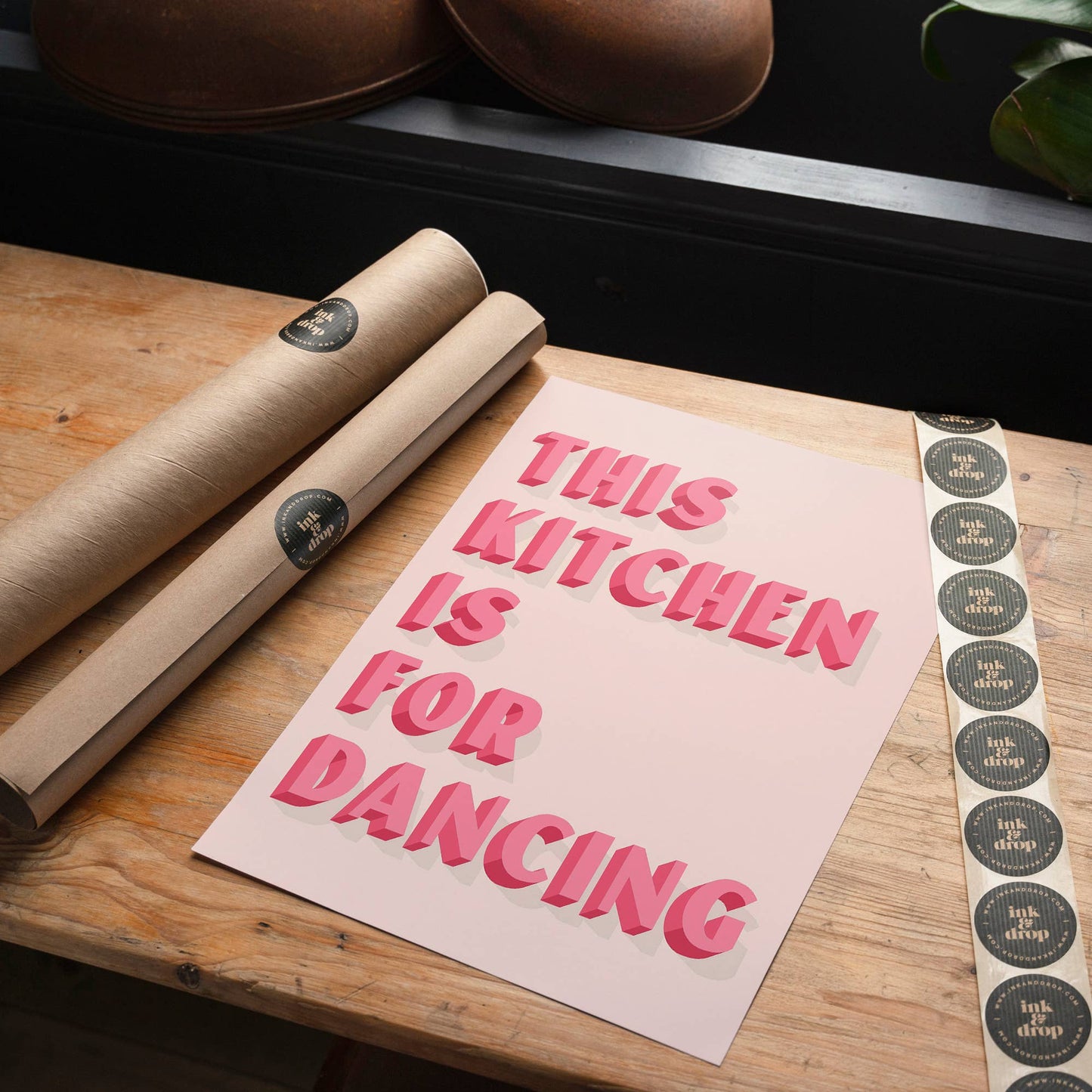 This Kitchen Is For Dancing Block Pink Quote Print: Gloss / 8 ¼ x 11 ¾ in | 21x30 cm