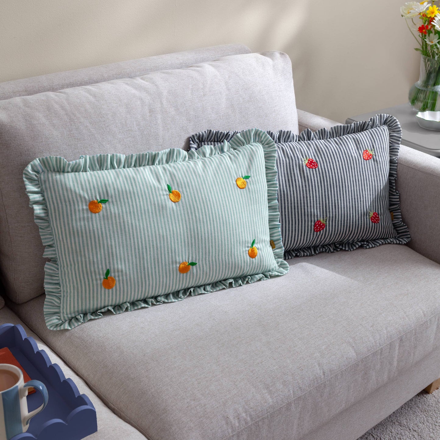 Les Fruites Embroidered Ruffle Cushion Orange: Orange / Feather Rich Filled / 30 x 50cm