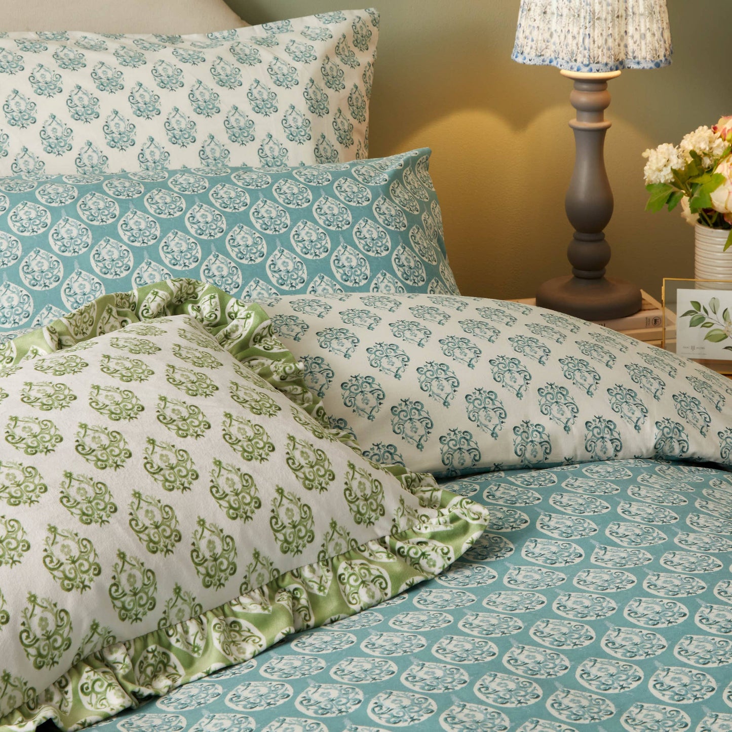 Krissa Block Printed Velvet Cushion Green: Green / Feather Rich Filled / 40 x 60cm