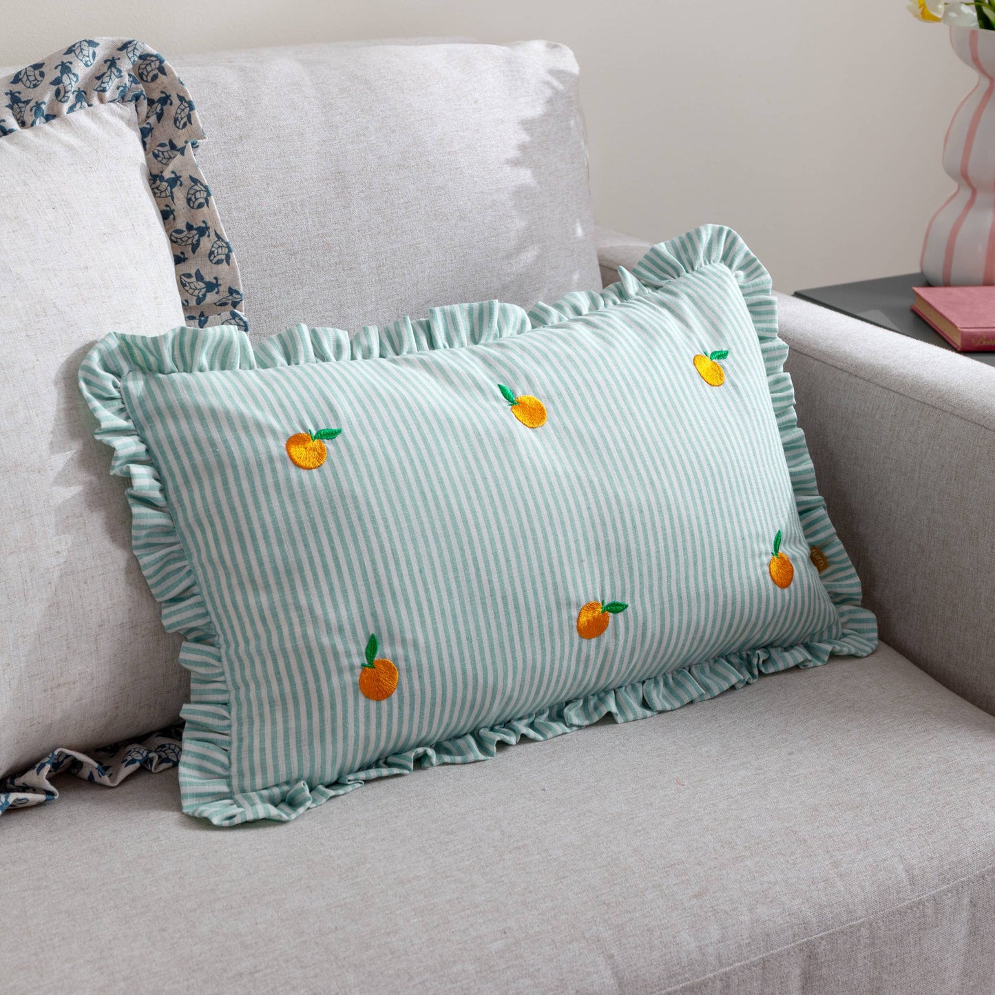 Les Fruites Embroidered Ruffle Cushion Orange: Orange / Feather Rich Filled / 30 x 50cm