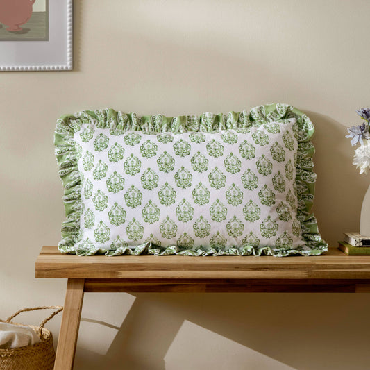 Krissa Block Printed Velvet Cushion Green: Green / Feather Rich Filled / 40 x 60cm