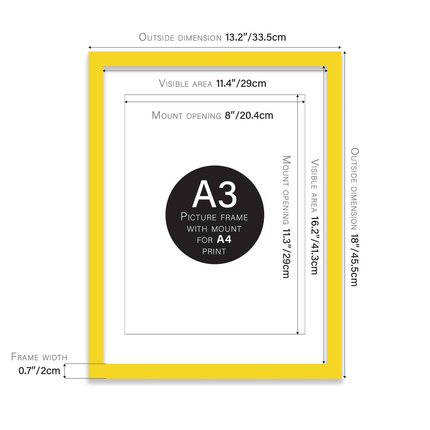 Yellow A3 Picture Frame With mount for A4