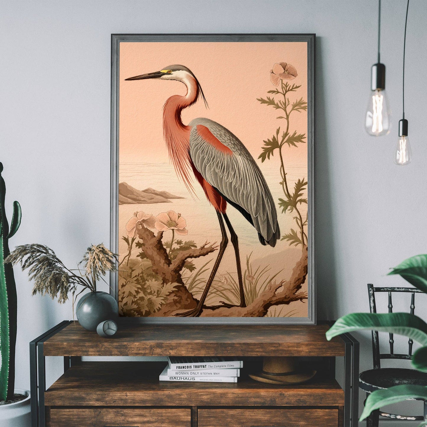 Vintage Heron Illustration Peach Print: Gloss / 8 ¼ x 11 ¾ in | 21x30 cm