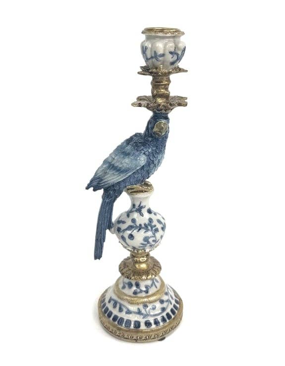 Antiqued Ornate Blue/White Parrot Candle Holder - LH