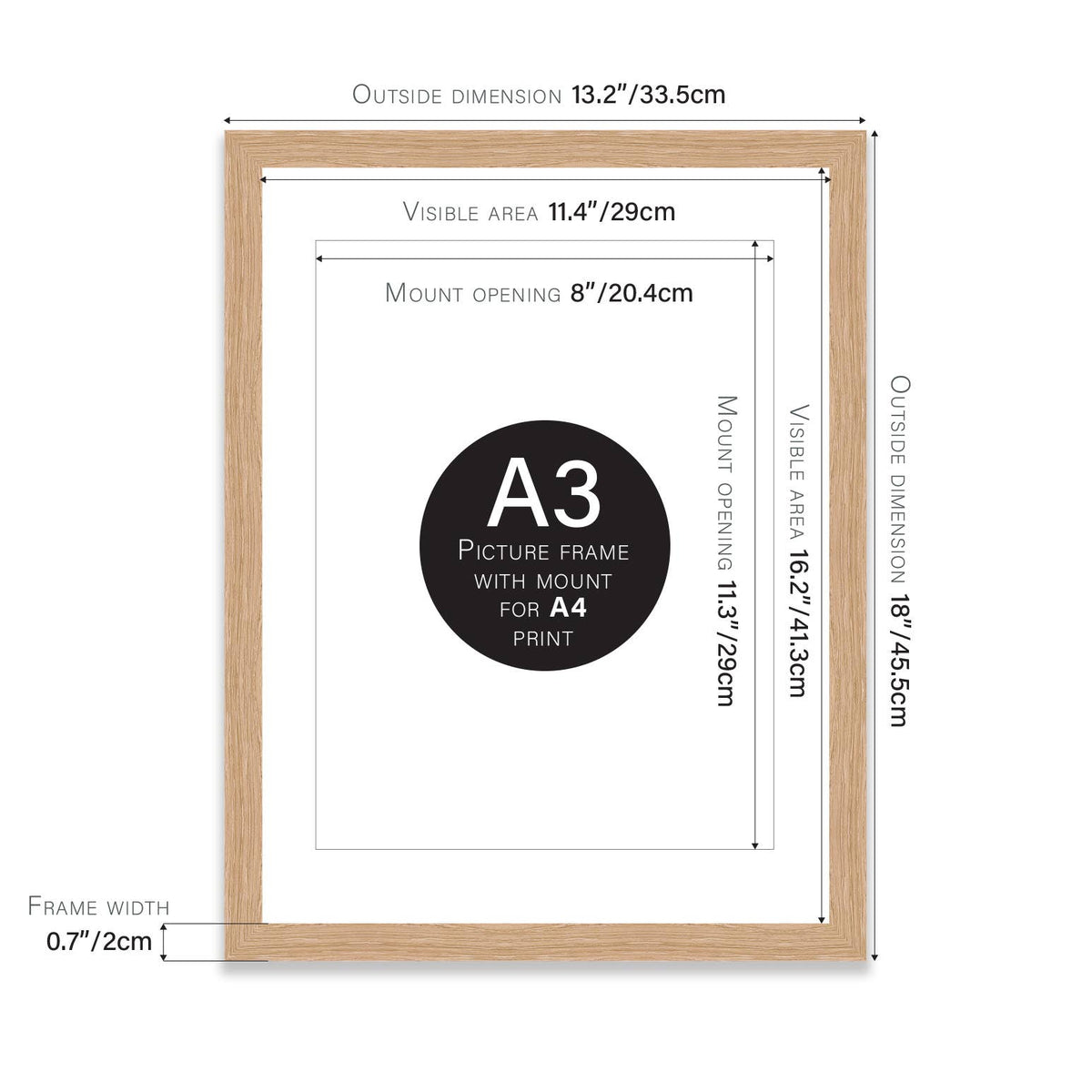 Oak A3 Picture Frame With mount for A4