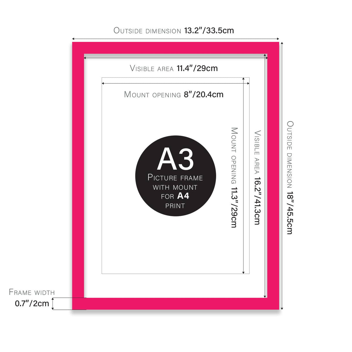 Bright Pink A3 Picture Frame With mount for A4