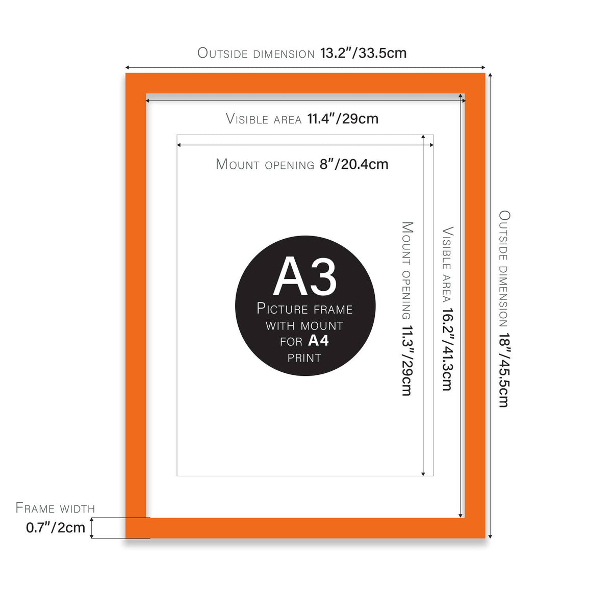 Orange A3 Picture Frame With mount for A4
