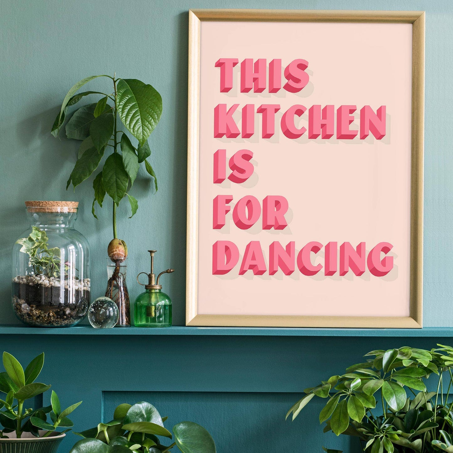 This Kitchen Is For Dancing Block Pink Quote Print: Gloss / 8 ¼ x 11 ¾ in | 21x30 cm