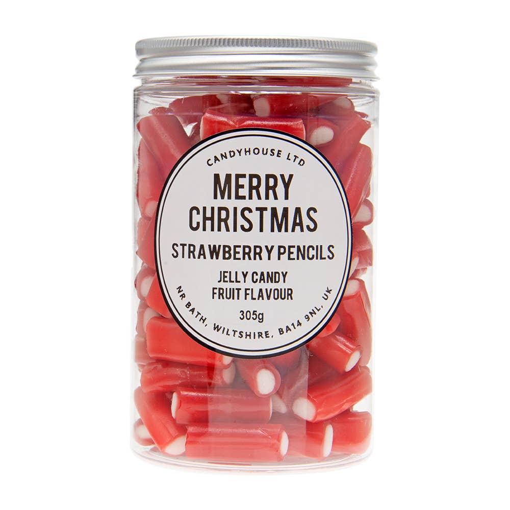 Strawberry Pencils In Tall Jar (Copy): Strawberry Pencils / White Paper Rectangle / Black
