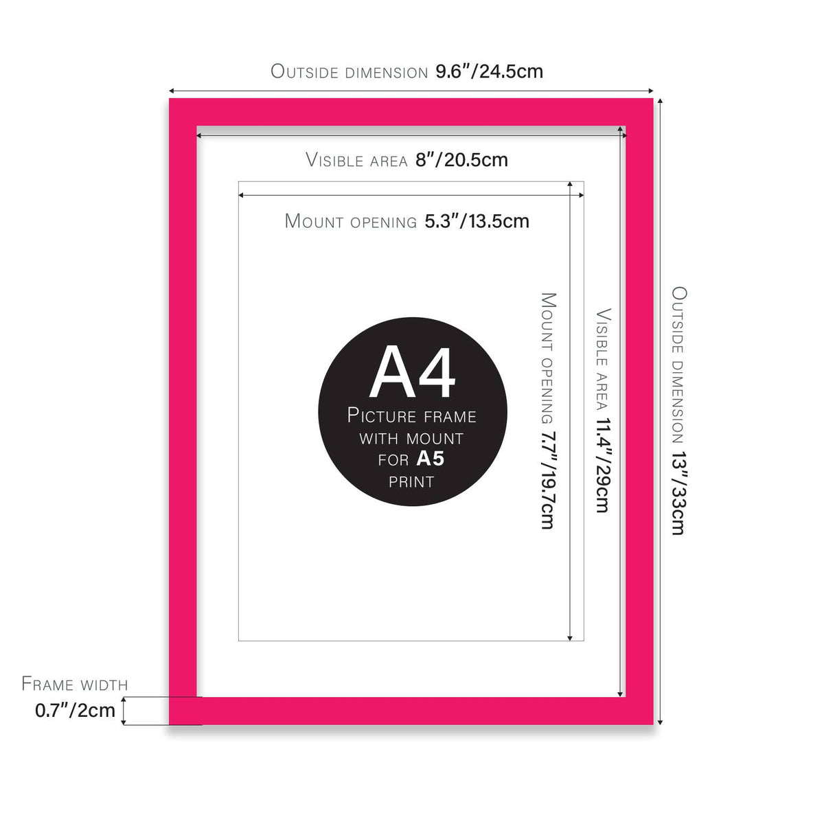Bright Pink A4 Picture Frame With mount for A5