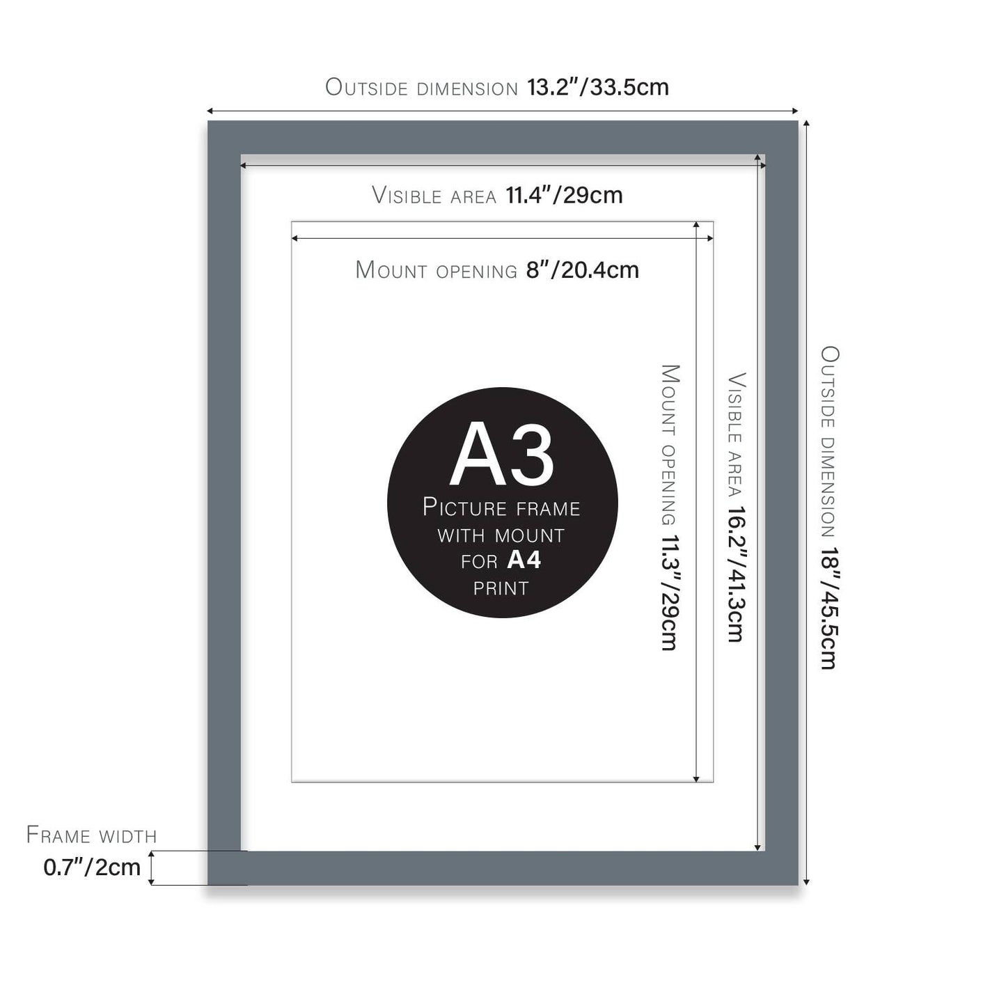 Grey A3 Picture Frame With mount for A4