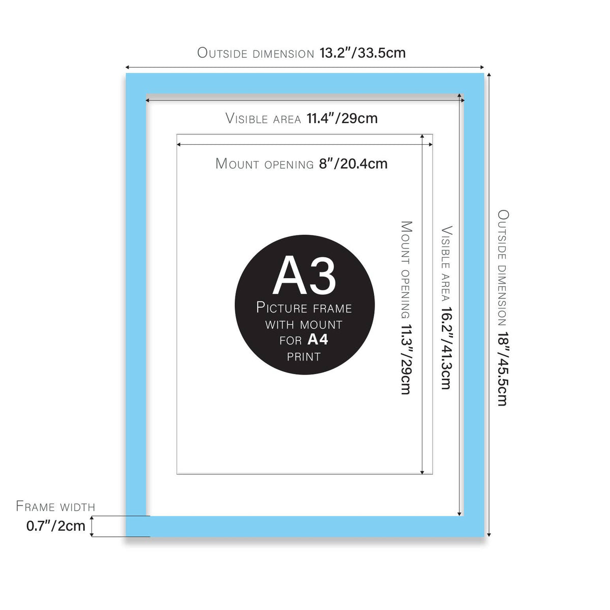Light blue A3 Picture Frame With mount for A4