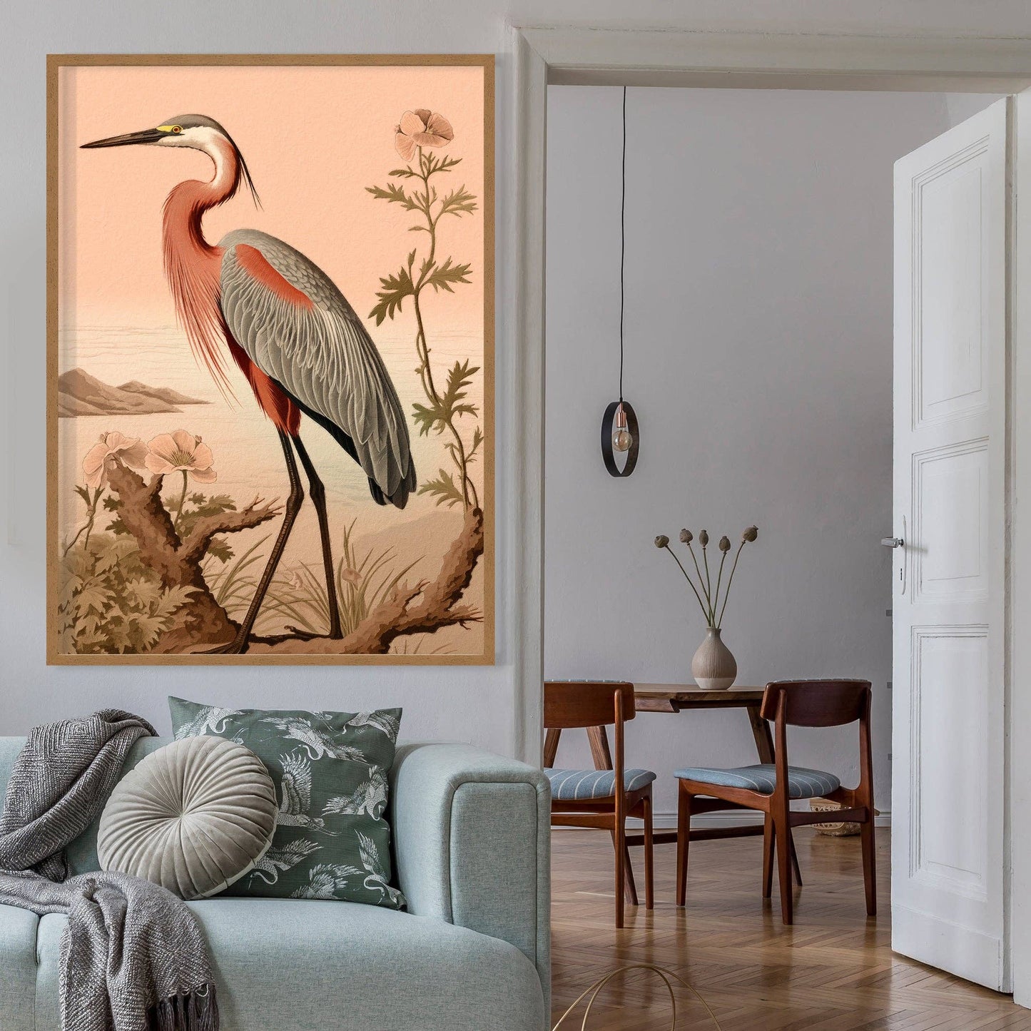 Vintage Heron Illustration Peach Print: Gloss / 8 ¼ x 11 ¾ in | 21x30 cm