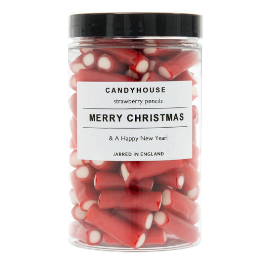 Strawberry Pencils In Tall Jar (Copy): Strawberry Pencils / White Paper Rectangle / Black