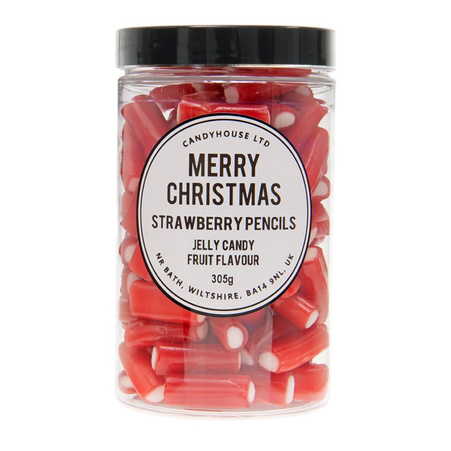 Strawberry Pencils In Tall Jar (Copy): Strawberry Pencils / White Paper Rectangle / Black