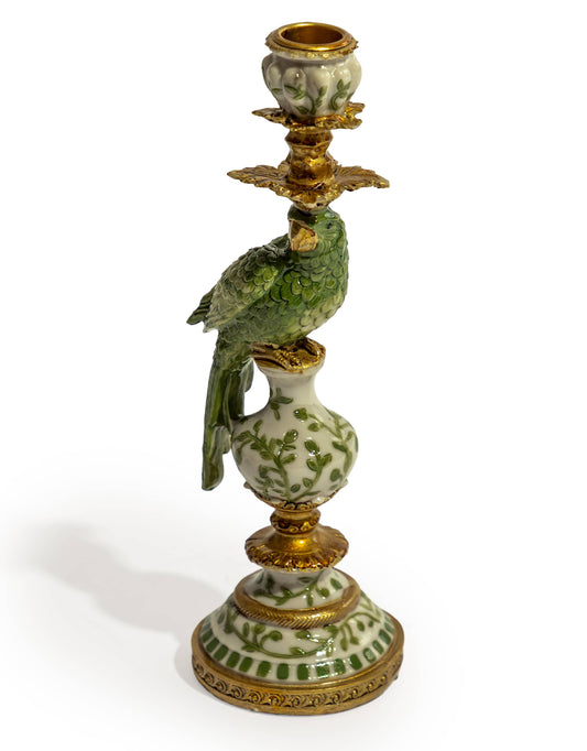 Antiqued Ornate Green/White Parrot Candle Holder - LH