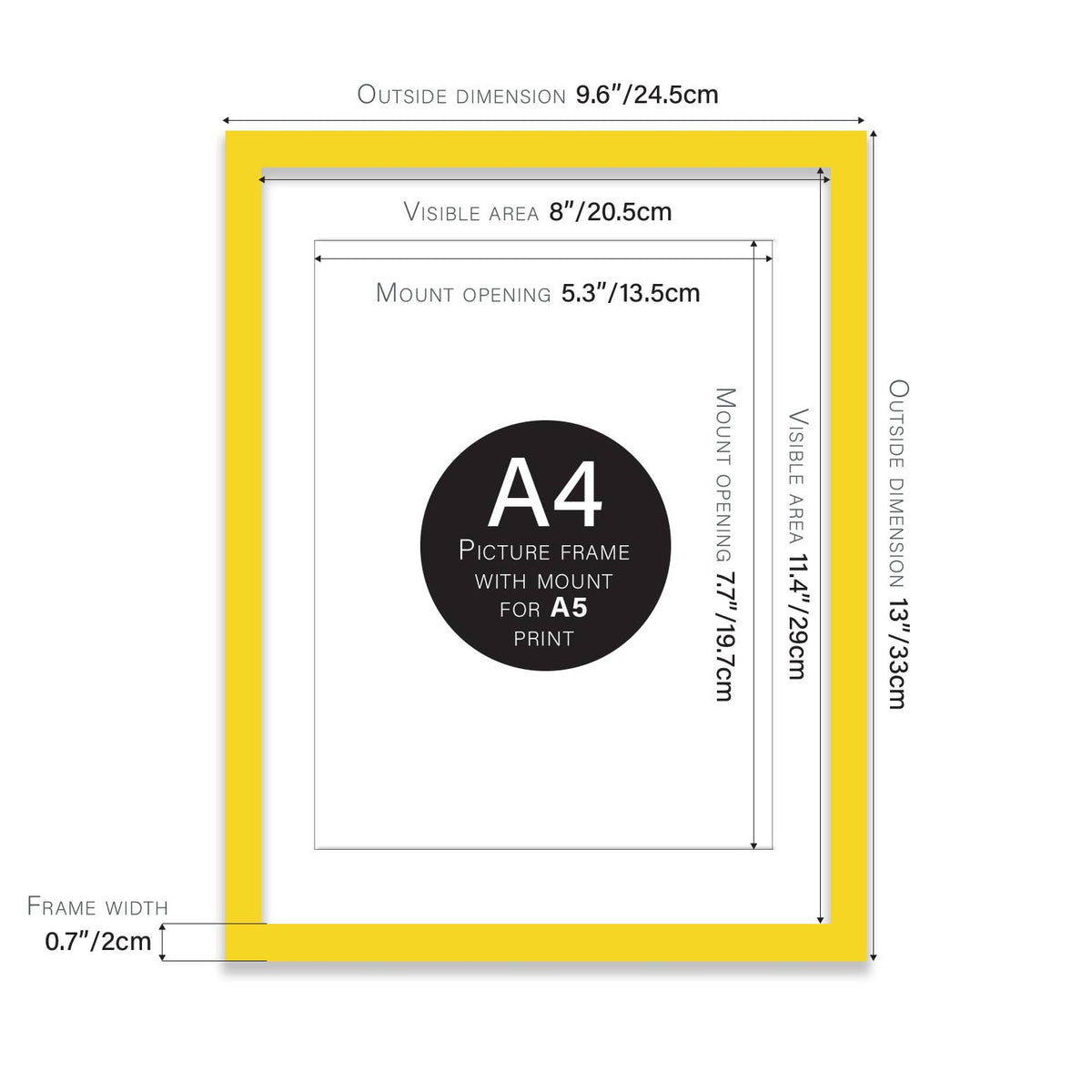 Yellow A4 Picture Frame With mount for A5
