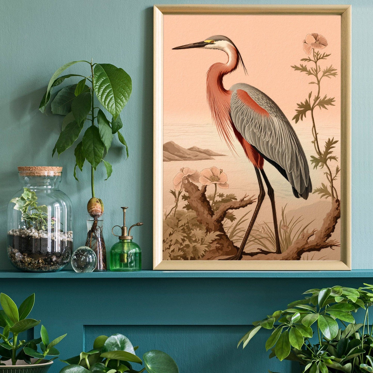 Vintage Heron Illustration Peach Print: Gloss / 8 ¼ x 11 ¾ in | 21x30 cm